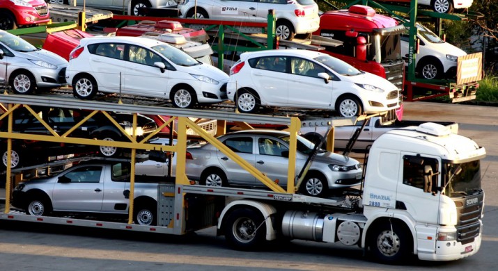 New cars are transported in a truck in Sao Bernardo do Campo
